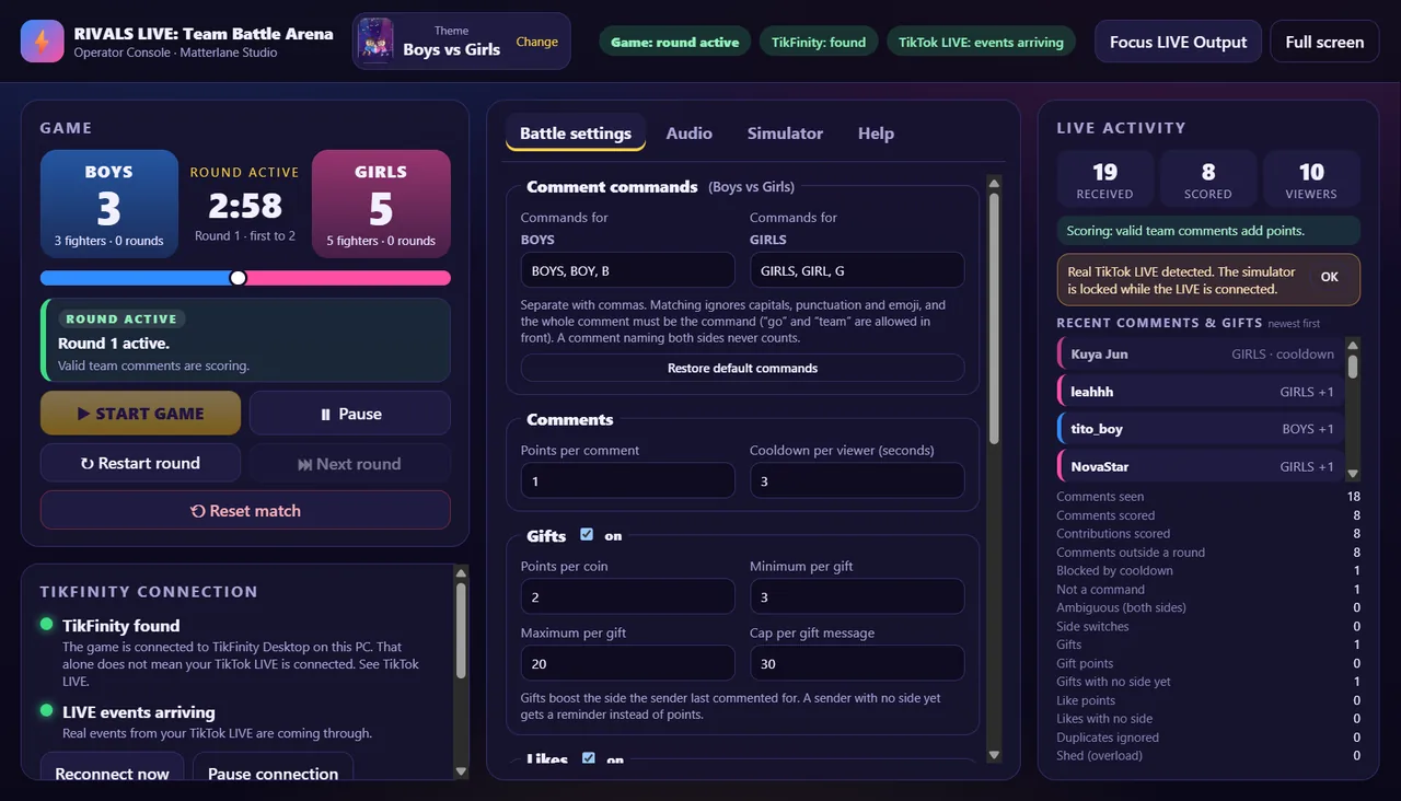 RIVALS LIVE Operator Console with the round score, battle settings and the Live Activity panel listing recent comments and gifts