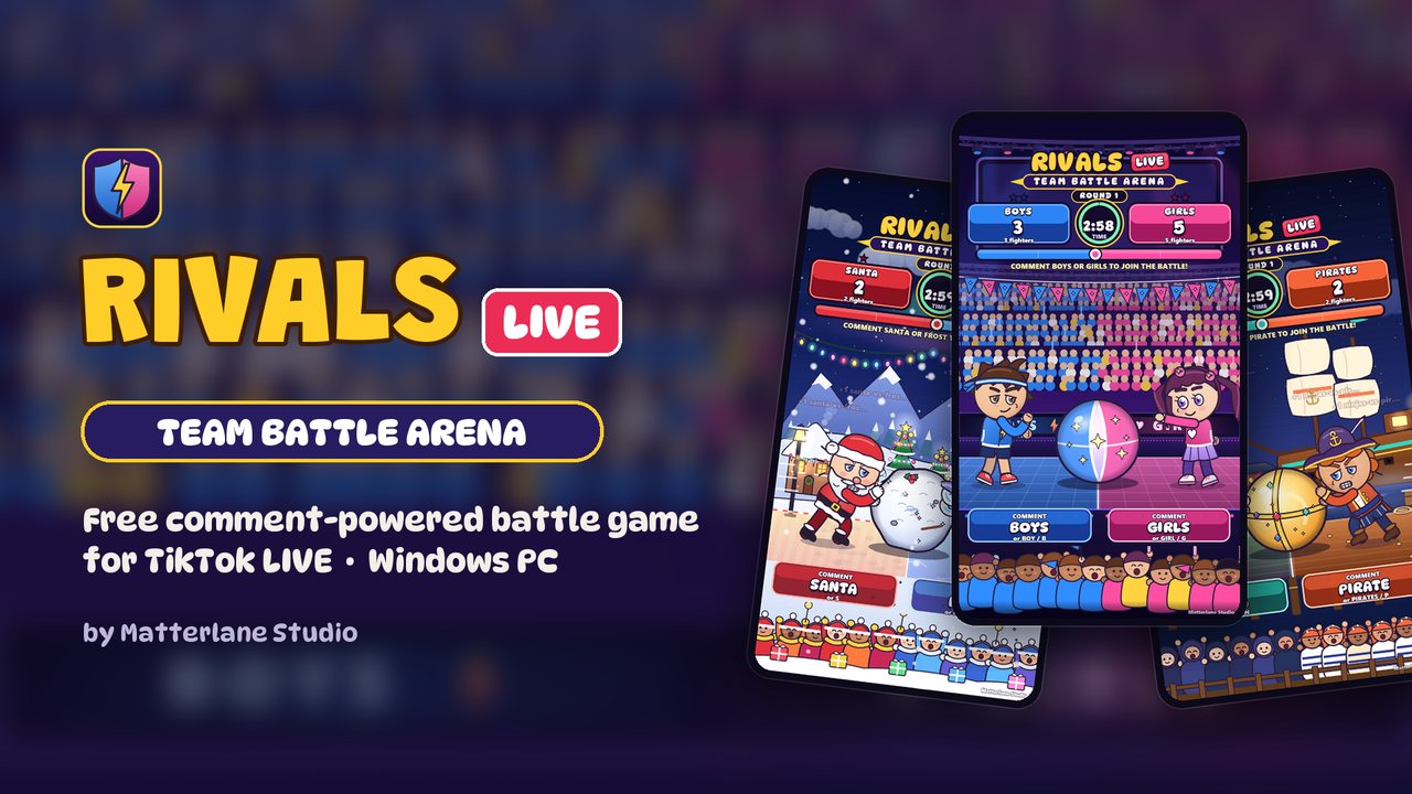 RIVALS LIVE: Team Battle Arena LIVE Output screens: Boys vs Girls in the Neon Arena, Santa vs Frost Imp in a snowy village and Ninjas vs Pirates at a moonlit harbor