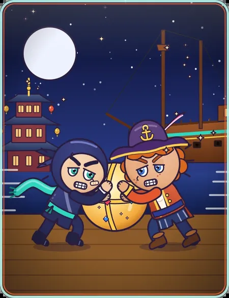 Ninjas vs Pirates theme card: Kibo and Captain Marlo pushing the Treasure Orb at Moonlit Harbor
