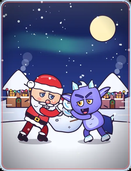 Santa vs Frost Imp theme card: Santa and Flurry pushing a giant snowball